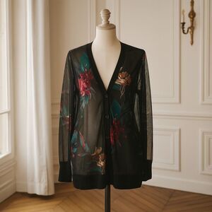 Chico's Cardigan Size Medium (1) Mesh Sheer Floral Print Black Women's Topper